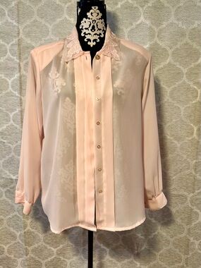 Vintage Karen Scott Sheer pink embroidered lace collar secretary blouse sz 16